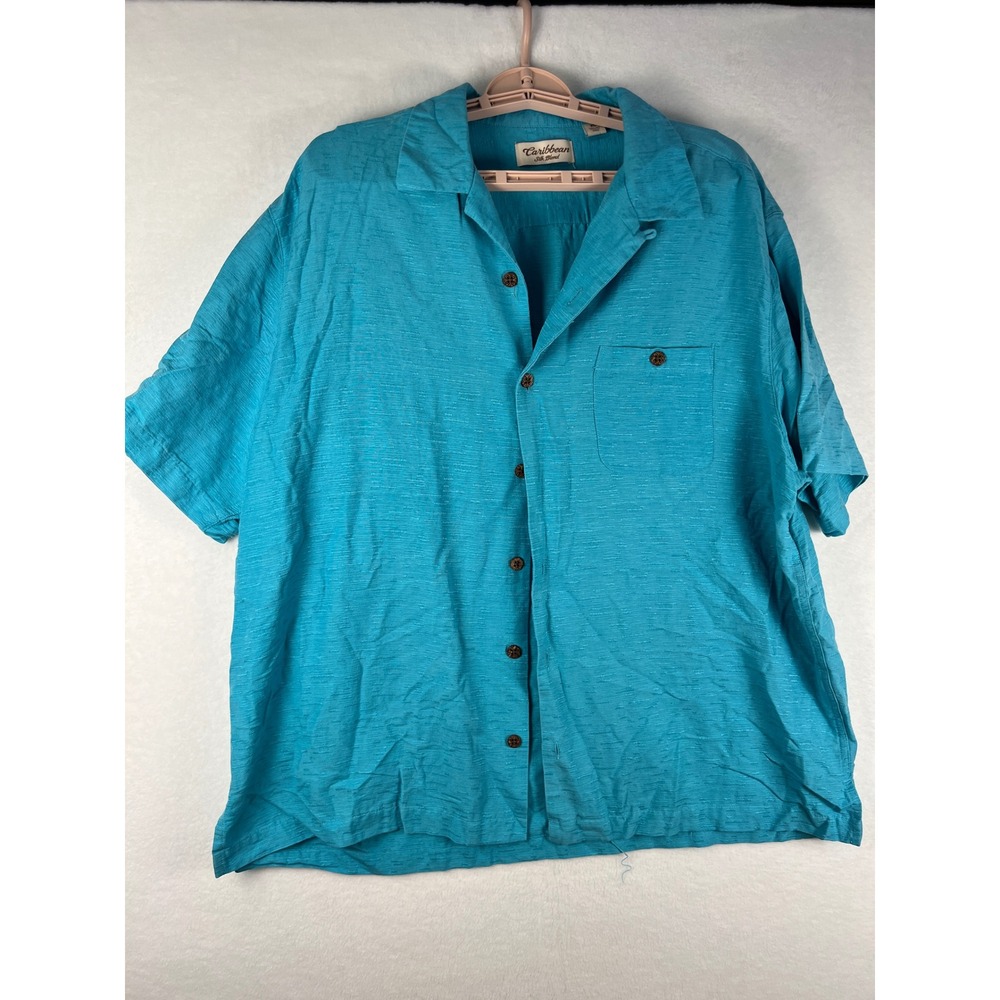Caribbean Silk Blend‎ Mens XL Turquoise Jacquard Camp Shirt Coastal Resort